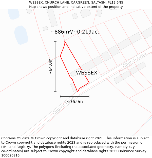 WESSEX, CHURCH LANE, CARGREEN, SALTASH, PL12 6NS: Plot and title map