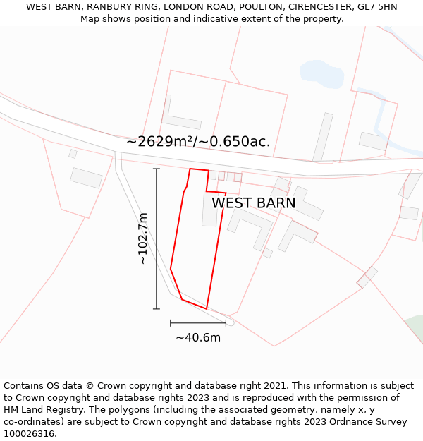 WEST BARN, RANBURY RING, LONDON ROAD, POULTON, CIRENCESTER, GL7 5HN: Plot and title map