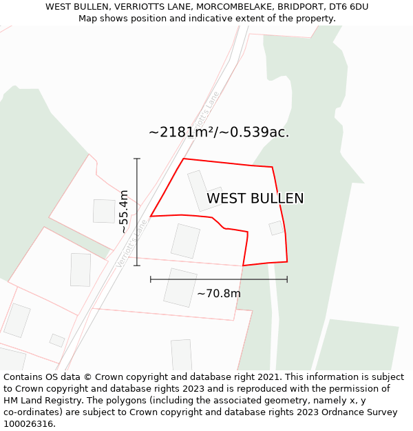 WEST BULLEN, VERRIOTTS LANE, MORCOMBELAKE, BRIDPORT, DT6 6DU: Plot and title map