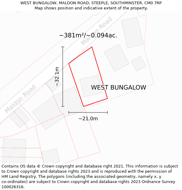 WEST BUNGALOW, MALDON ROAD, STEEPLE, SOUTHMINSTER, CM0 7RP: Plot and title map