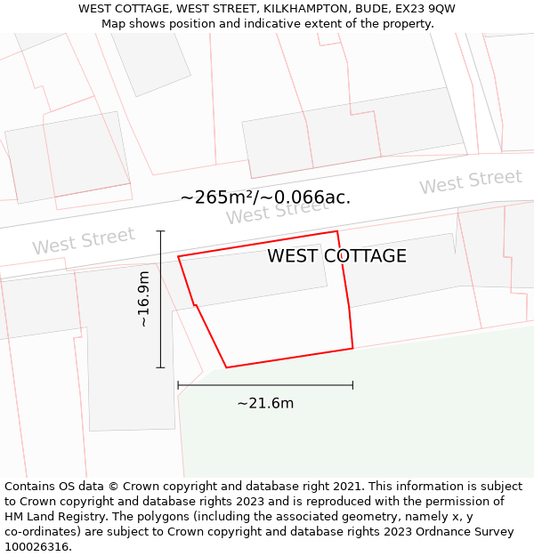 WEST COTTAGE, WEST STREET, KILKHAMPTON, BUDE, EX23 9QW: Plot and title map