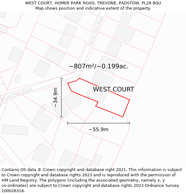 WEST COURT, HOMER PARK ROAD, TREVONE, PADSTOW, PL28 8QU: Plot and title map