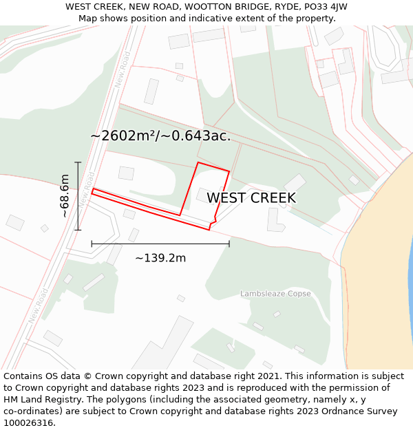 WEST CREEK, NEW ROAD, WOOTTON BRIDGE, RYDE, PO33 4JW: Plot and title map