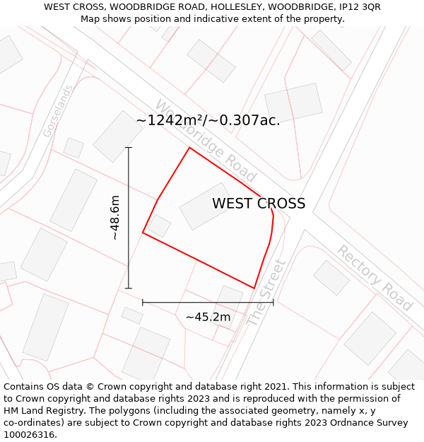 WEST CROSS, WOODBRIDGE ROAD, HOLLESLEY, WOODBRIDGE, IP12 3QR: Plot and title map