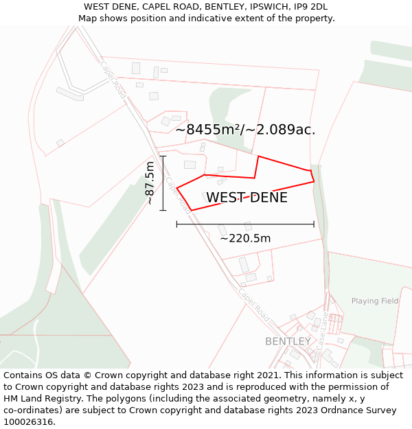 WEST DENE, CAPEL ROAD, BENTLEY, IPSWICH, IP9 2DL: Plot and title map