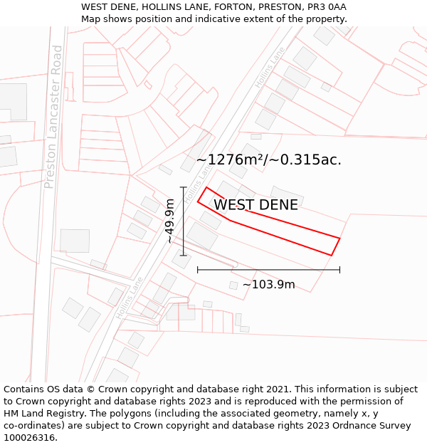 WEST DENE, HOLLINS LANE, FORTON, PRESTON, PR3 0AA: Plot and title map