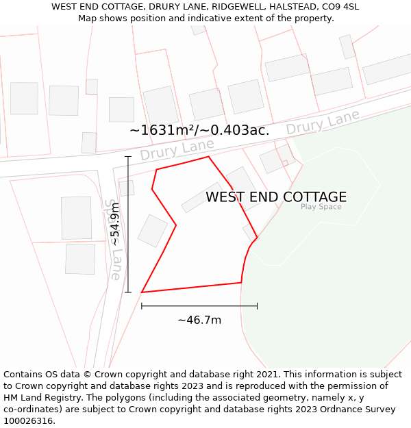 WEST END COTTAGE, DRURY LANE, RIDGEWELL, HALSTEAD, CO9 4SL: Plot and title map