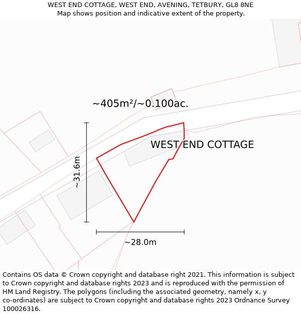 WEST END COTTAGE, WEST END, AVENING, TETBURY, GL8 8NE: Plot and title map