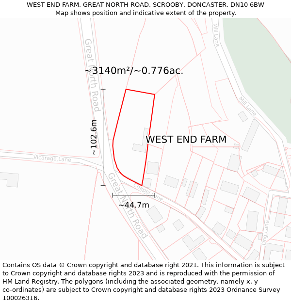 WEST END FARM, GREAT NORTH ROAD, SCROOBY, DONCASTER, DN10 6BW: Plot and title map