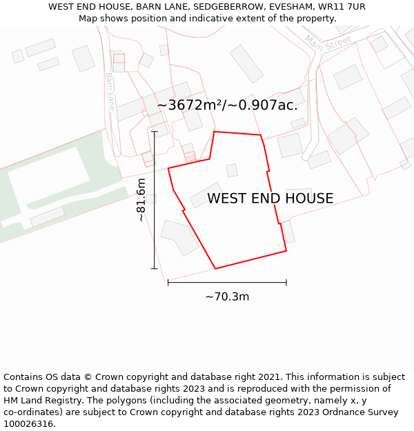 WEST END HOUSE, BARN LANE, SEDGEBERROW, EVESHAM, WR11 7UR: Plot and title map