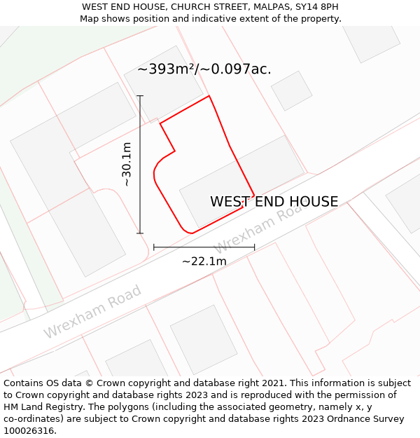 WEST END HOUSE, CHURCH STREET, MALPAS, SY14 8PH: Plot and title map