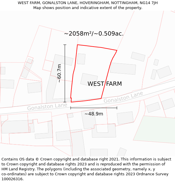 WEST FARM, GONALSTON LANE, HOVERINGHAM, NOTTINGHAM, NG14 7JH: Plot and title map