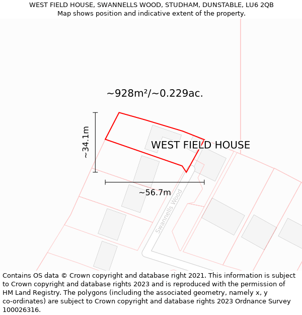 WEST FIELD HOUSE, SWANNELLS WOOD, STUDHAM, DUNSTABLE, LU6 2QB: Plot and title map