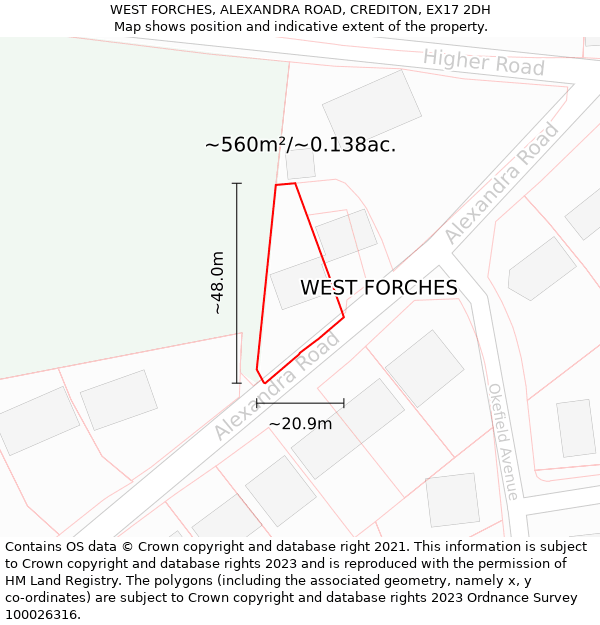 WEST FORCHES, ALEXANDRA ROAD, CREDITON, EX17 2DH: Plot and title map