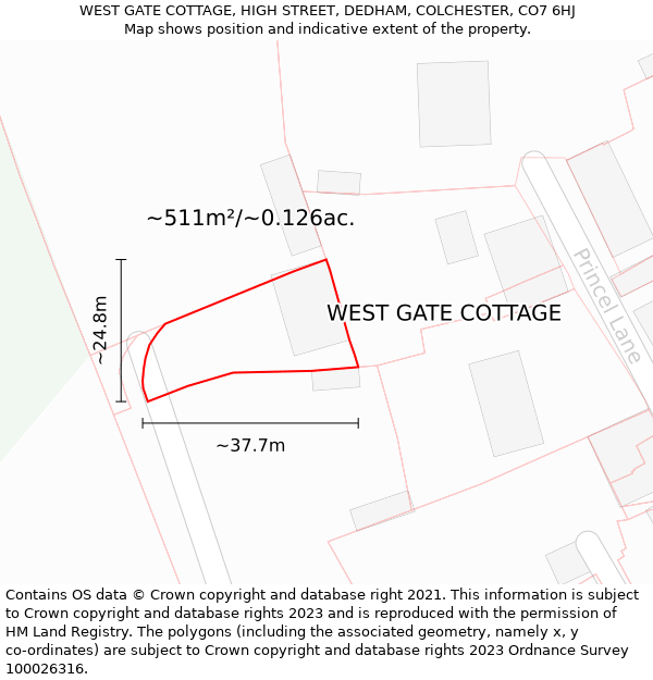 WEST GATE COTTAGE, HIGH STREET, DEDHAM, COLCHESTER, CO7 6HJ: Plot and title map