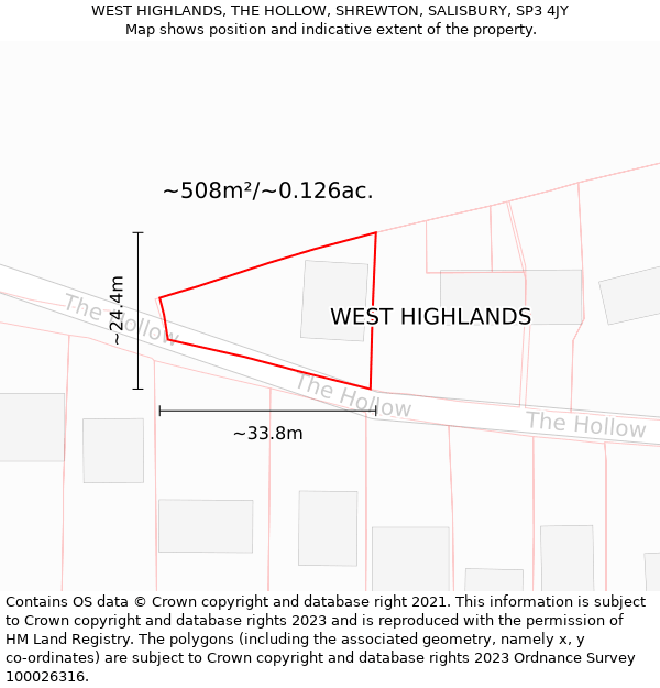 WEST HIGHLANDS, THE HOLLOW, SHREWTON, SALISBURY, SP3 4JY: Plot and title map
