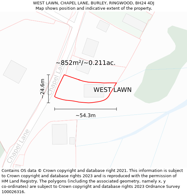 WEST LAWN, CHAPEL LANE, BURLEY, RINGWOOD, BH24 4DJ: Plot and title map