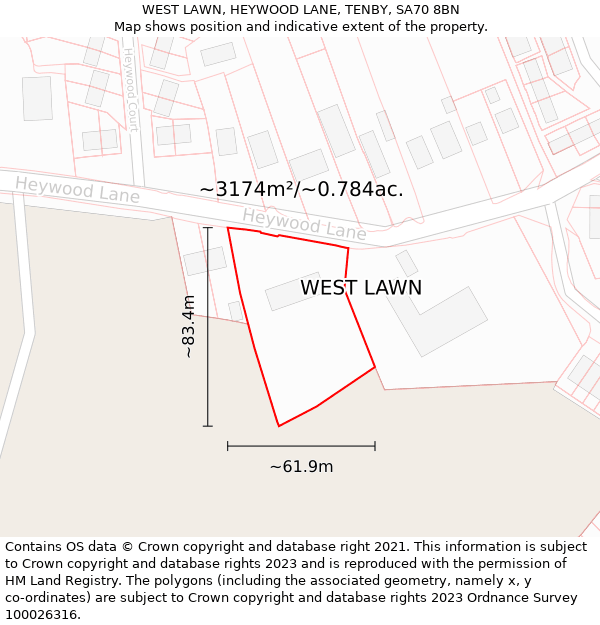 WEST LAWN, HEYWOOD LANE, TENBY, SA70 8BN: Plot and title map
