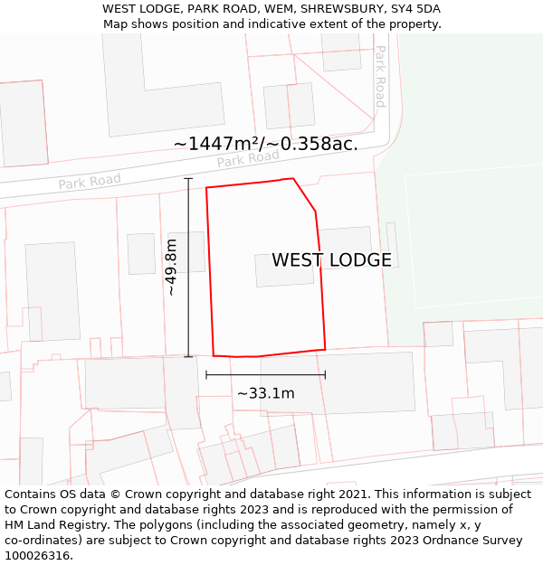 WEST LODGE, PARK ROAD, WEM, SHREWSBURY, SY4 5DA: Plot and title map