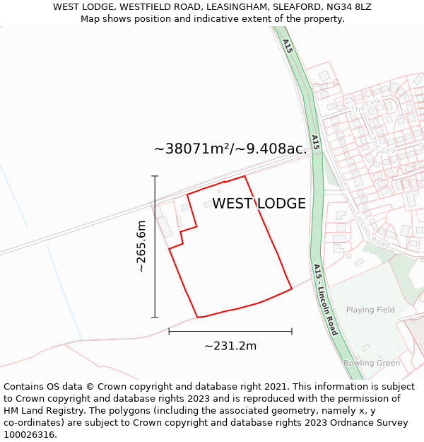 WEST LODGE, WESTFIELD ROAD, LEASINGHAM, SLEAFORD, NG34 8LZ: Plot and title map