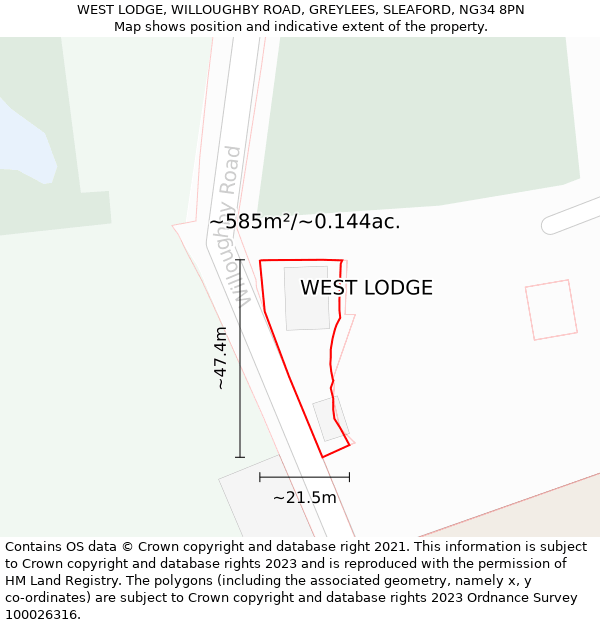 WEST LODGE, WILLOUGHBY ROAD, GREYLEES, SLEAFORD, NG34 8PN: Plot and title map