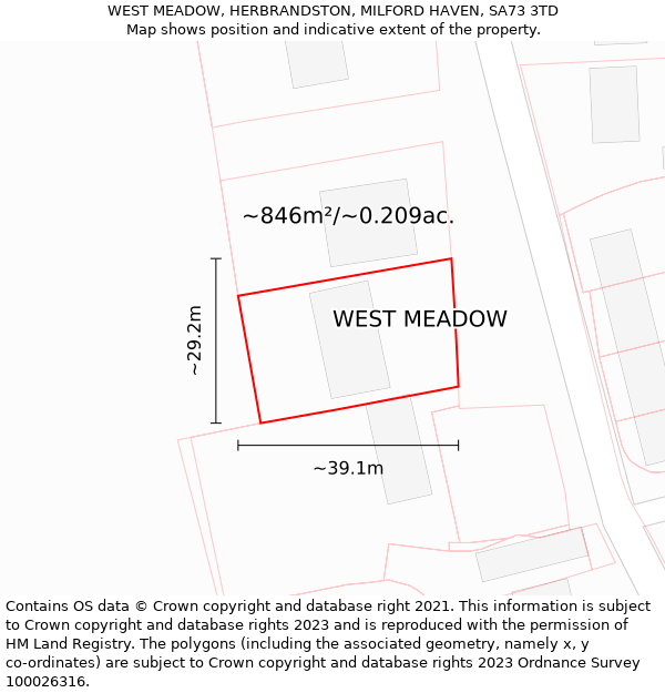 WEST MEADOW, HERBRANDSTON, MILFORD HAVEN, SA73 3TD: Plot and title map