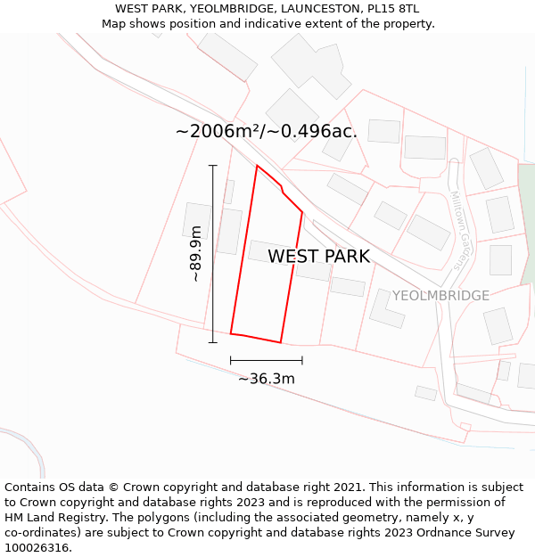 WEST PARK, YEOLMBRIDGE, LAUNCESTON, PL15 8TL: Plot and title map