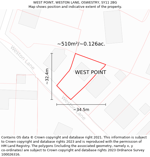 WEST POINT, WESTON LANE, OSWESTRY, SY11 2BG: Plot and title map