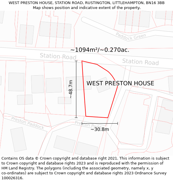WEST PRESTON HOUSE, STATION ROAD, RUSTINGTON, LITTLEHAMPTON, BN16 3BB: Plot and title map