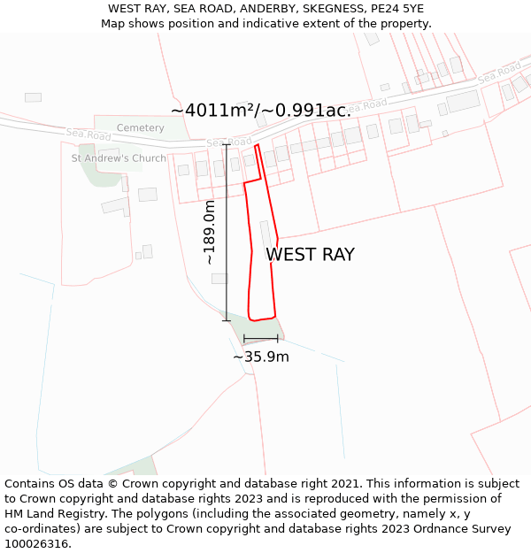 WEST RAY, SEA ROAD, ANDERBY, SKEGNESS, PE24 5YE: Plot and title map