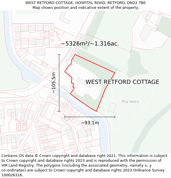 WEST RETFORD COTTAGE, HOSPITAL ROAD, RETFORD, DN22 7BE: Plot and title map