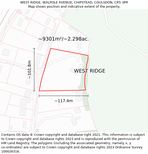 WEST RIDGE, WALPOLE AVENUE, CHIPSTEAD, COULSDON, CR5 3PR: Plot and title map