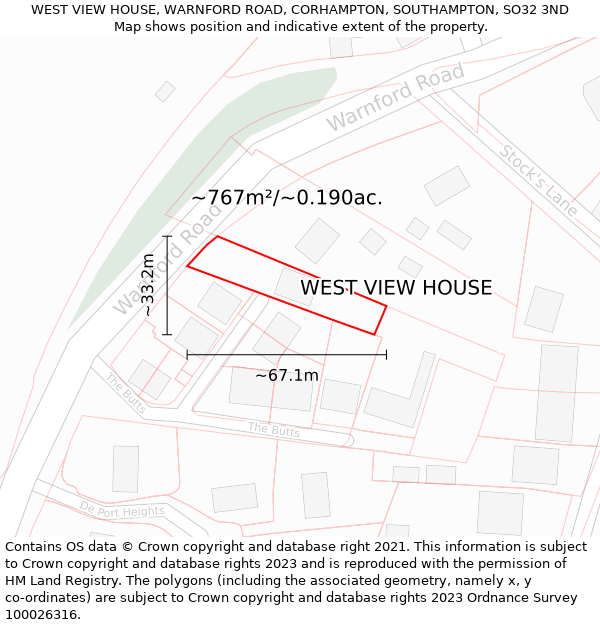 WEST VIEW HOUSE, WARNFORD ROAD, CORHAMPTON, SOUTHAMPTON, SO32 3ND: Plot and title map