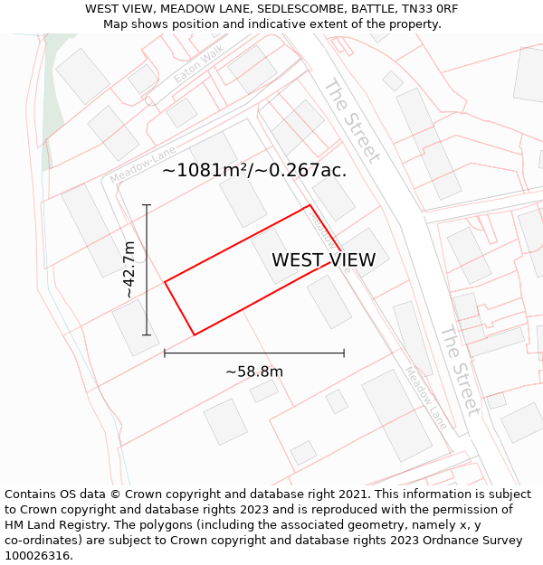 WEST VIEW, MEADOW LANE, SEDLESCOMBE, BATTLE, TN33 0RF: Plot and title map