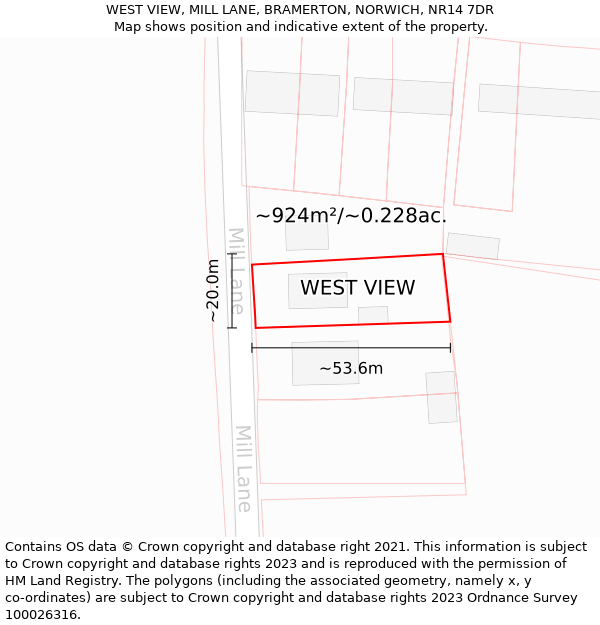 WEST VIEW, MILL LANE, BRAMERTON, NORWICH, NR14 7DR: Plot and title map