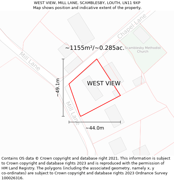 WEST VIEW, MILL LANE, SCAMBLESBY, LOUTH, LN11 9XP: Plot and title map