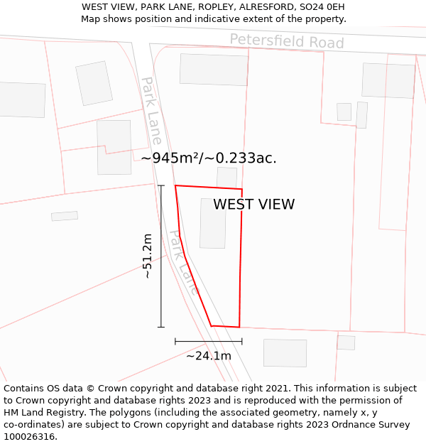 WEST VIEW, PARK LANE, ROPLEY, ALRESFORD, SO24 0EH: Plot and title map