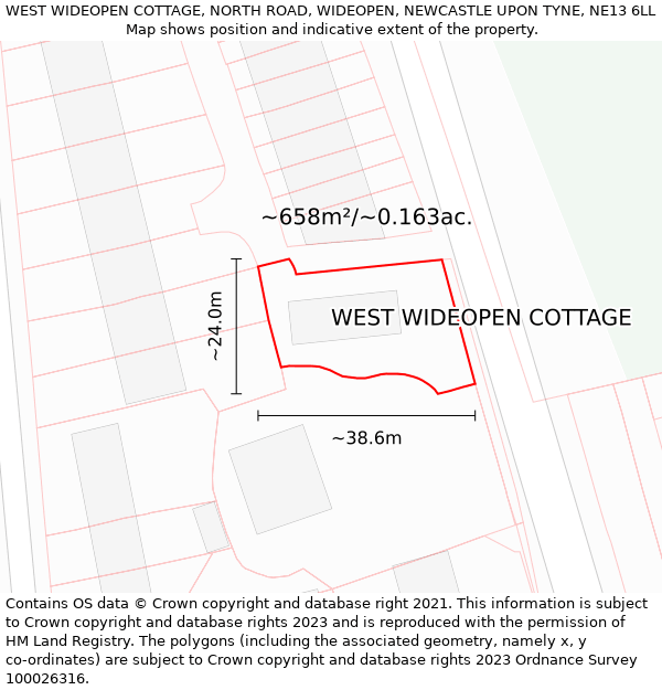 WEST WIDEOPEN COTTAGE, NORTH ROAD, WIDEOPEN, NEWCASTLE UPON TYNE, NE13 6LL: Plot and title map