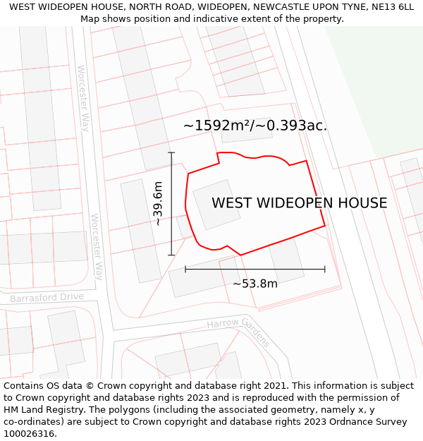 WEST WIDEOPEN HOUSE, NORTH ROAD, WIDEOPEN, NEWCASTLE UPON TYNE, NE13 6LL: Plot and title map