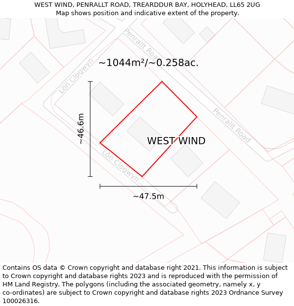 WEST WIND, PENRALLT ROAD, TREARDDUR BAY, HOLYHEAD, LL65 2UG: Plot and title map