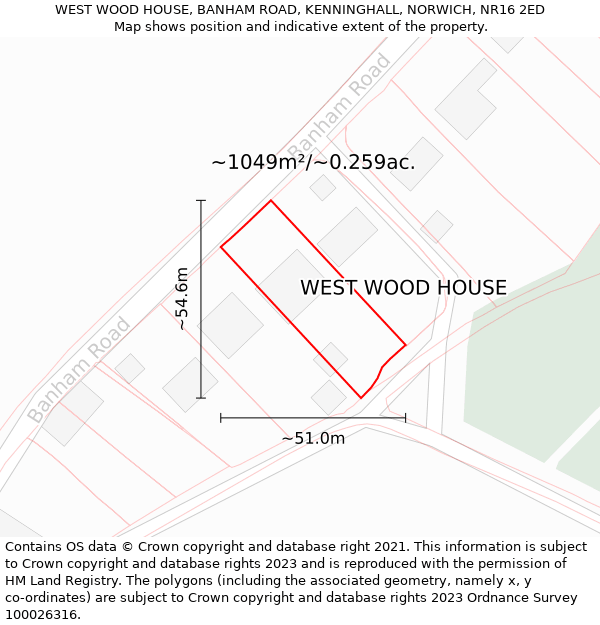 WEST WOOD HOUSE, BANHAM ROAD, KENNINGHALL, NORWICH, NR16 2ED: Plot and title map
