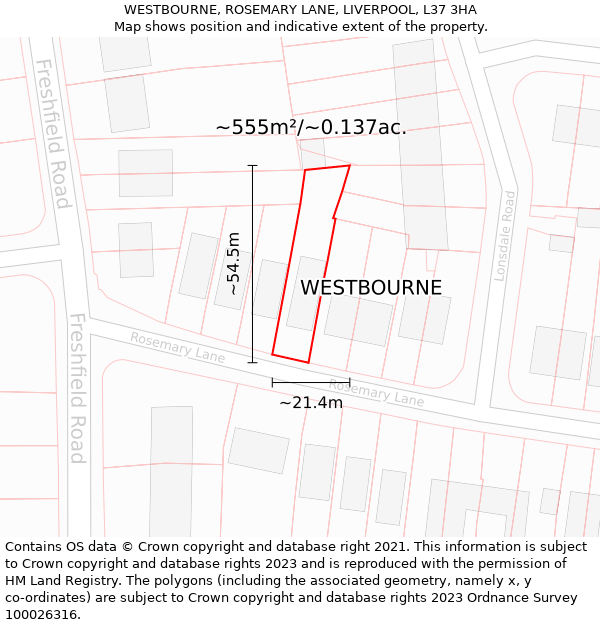 WESTBOURNE, ROSEMARY LANE, LIVERPOOL, L37 3HA: Plot and title map