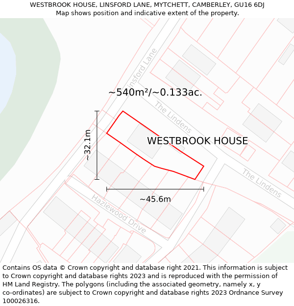 WESTBROOK HOUSE, LINSFORD LANE, MYTCHETT, CAMBERLEY, GU16 6DJ: Plot and title map