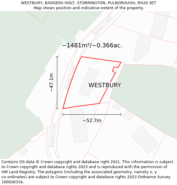 WESTBURY, BADGERS HOLT, STORRINGTON, PULBOROUGH, RH20 3ET: Plot and title map