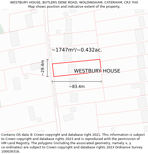 WESTBURY HOUSE, BUTLERS DENE ROAD, WOLDINGHAM, CATERHAM, CR3 7HX: Plot and title map