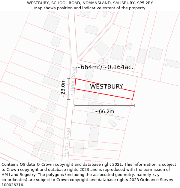 WESTBURY, SCHOOL ROAD, NOMANSLAND, SALISBURY, SP5 2BY: Plot and title map