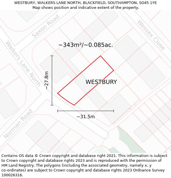 WESTBURY, WALKERS LANE NORTH, BLACKFIELD, SOUTHAMPTON, SO45 1YE: Plot and title map