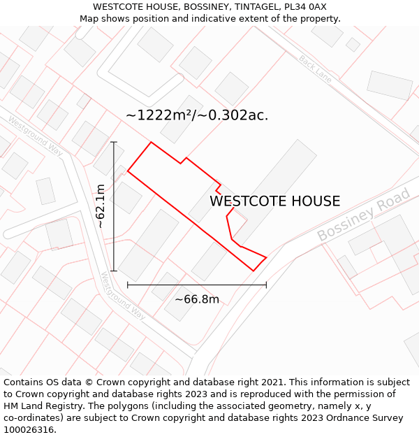 WESTCOTE HOUSE, BOSSINEY, TINTAGEL, PL34 0AX: Plot and title map