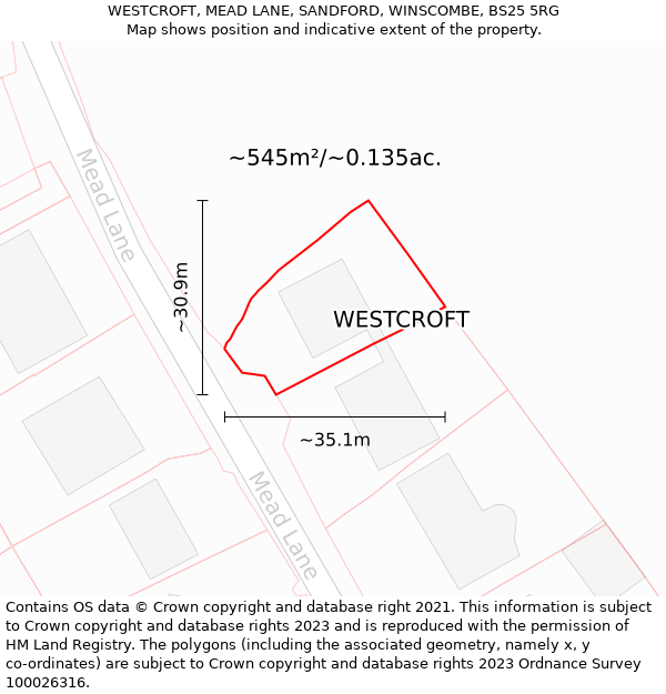 WESTCROFT, MEAD LANE, SANDFORD, WINSCOMBE, BS25 5RG: Plot and title map