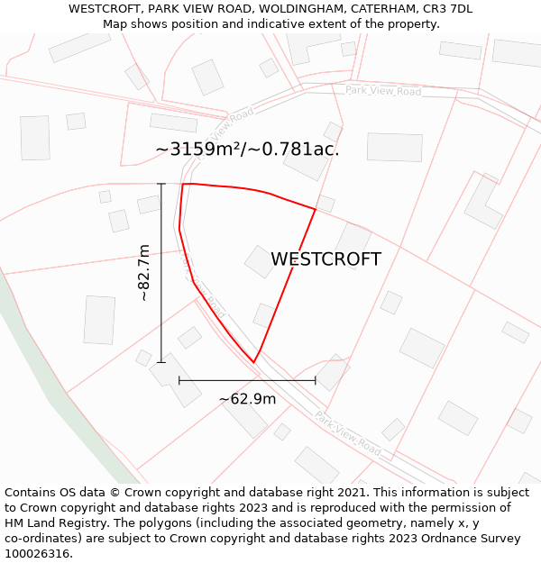 WESTCROFT, PARK VIEW ROAD, WOLDINGHAM, CATERHAM, CR3 7DL: Plot and title map